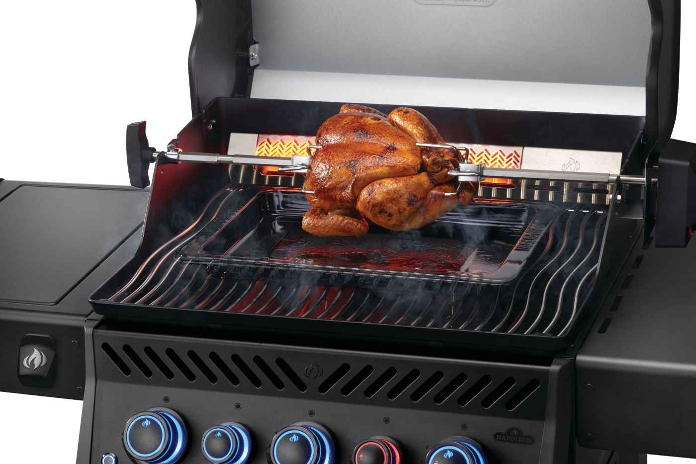 Roasted chicken on a rotisserie grill with a white background