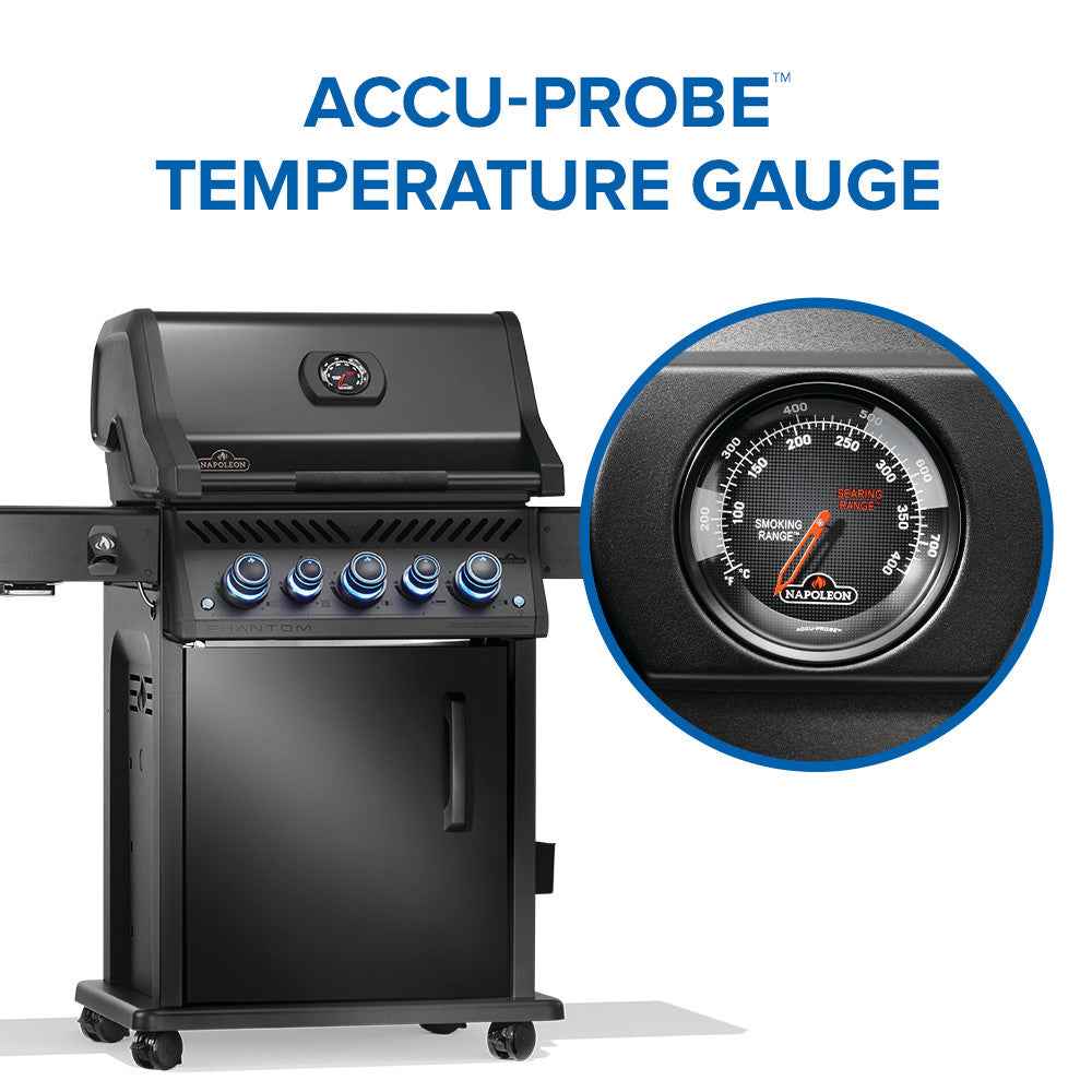 Black Napoleon grill with Accu-Probe temperature gauge on a white background