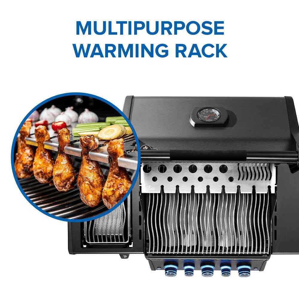 Grill with warming rack and close-up of chicken drumsticks being grilled.
