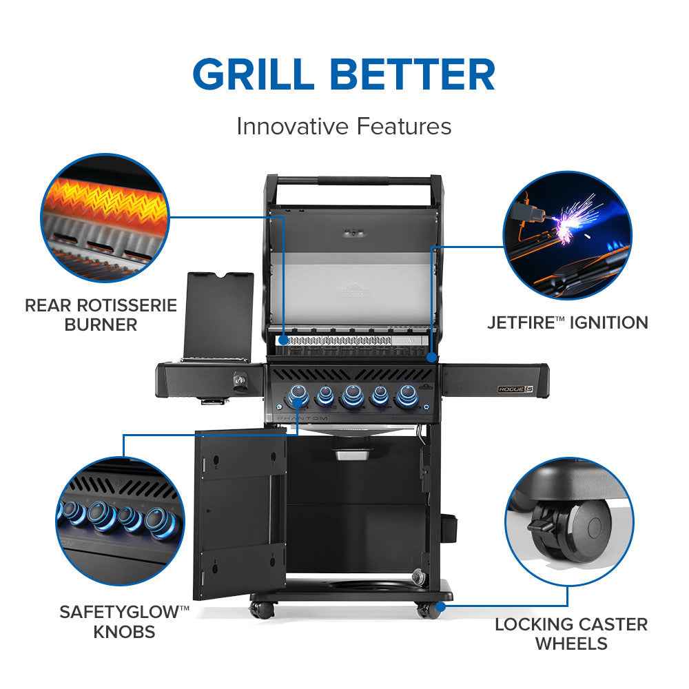 Barbecue grill with labeled features on a white background