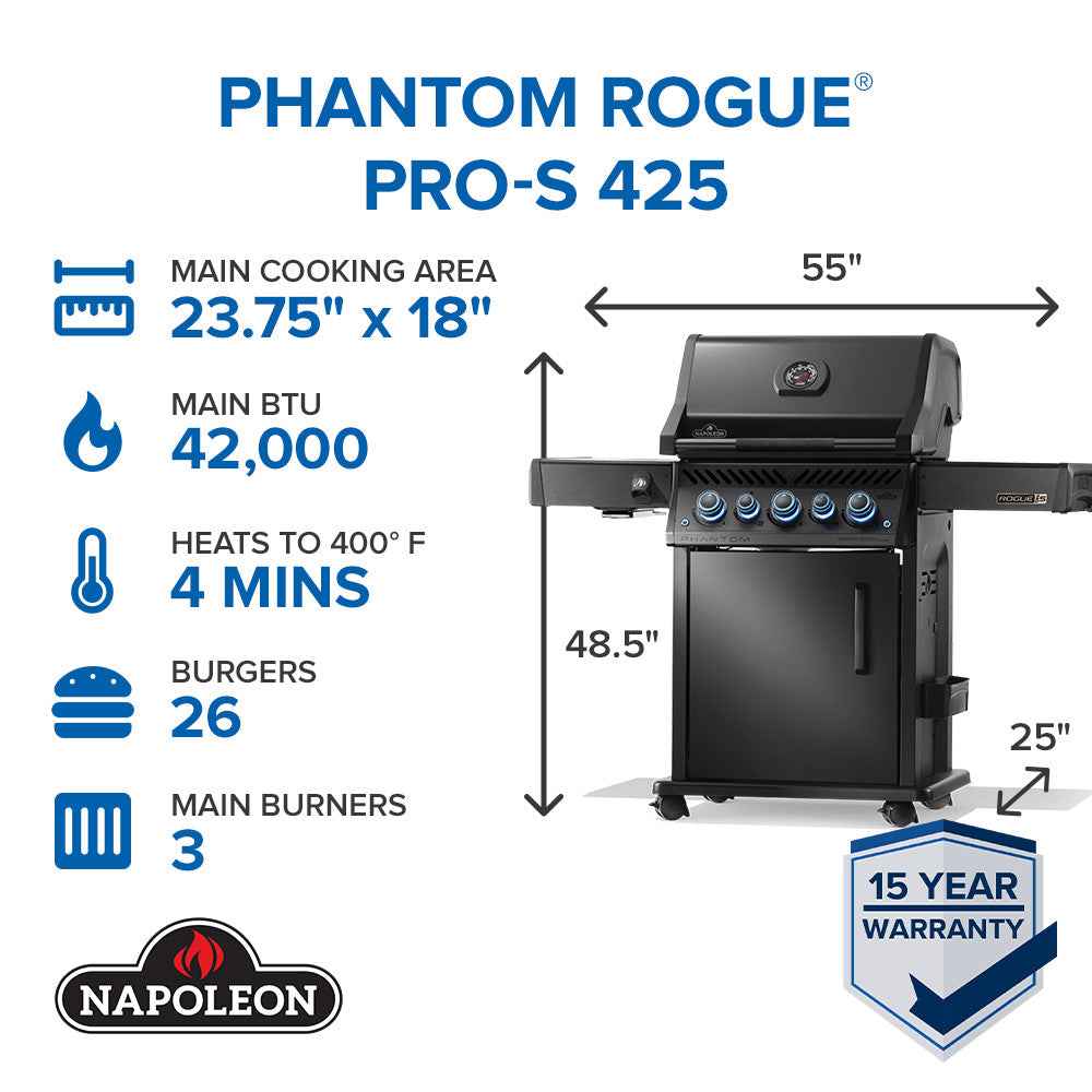 Napoleon Phantom Rogue Pro-S 425 grill with specifications on a white background