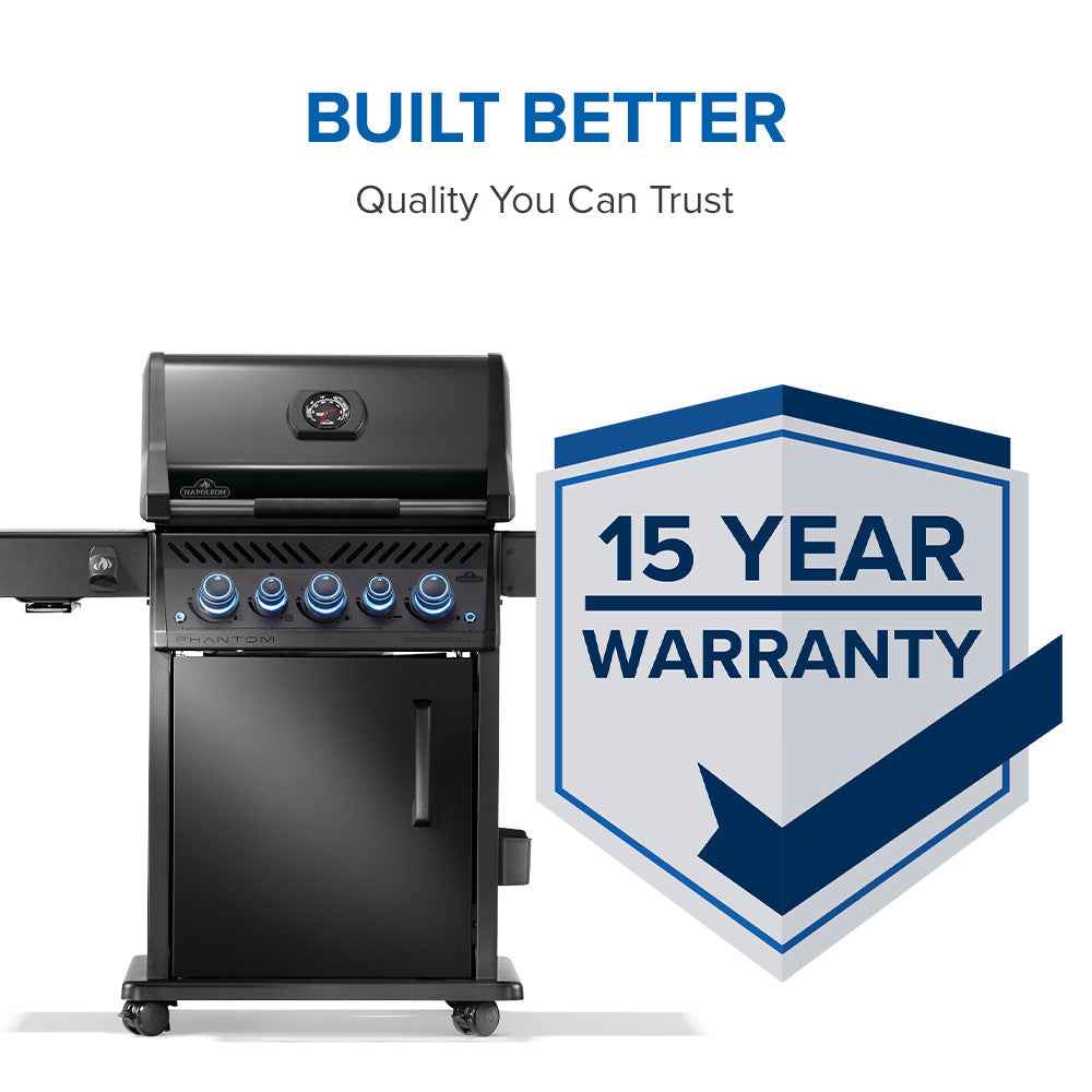 Black grill with a 15-year warranty badge on a white background
