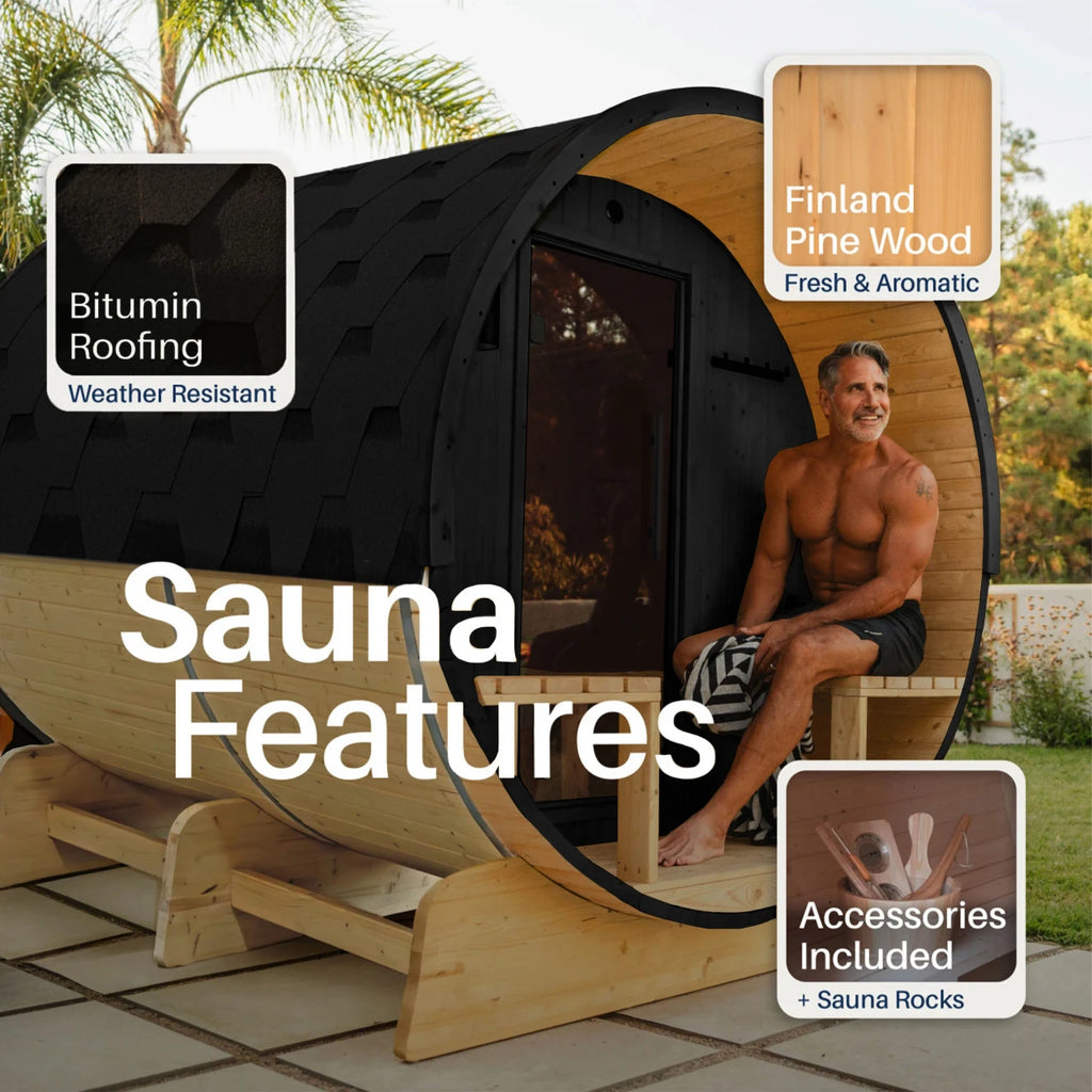 Man sitting in a wooden sauna with sauna features highlighted on screen