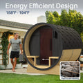 Outdoor sauna with energy efficient design features, man standing outside a house.