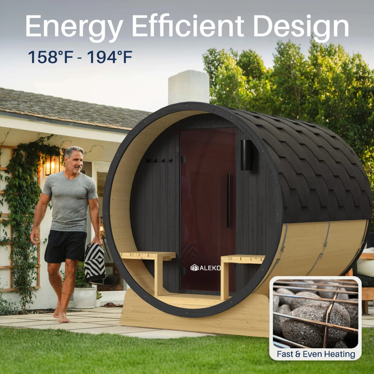 Outdoor sauna with energy efficient design features, man standing outside a house.