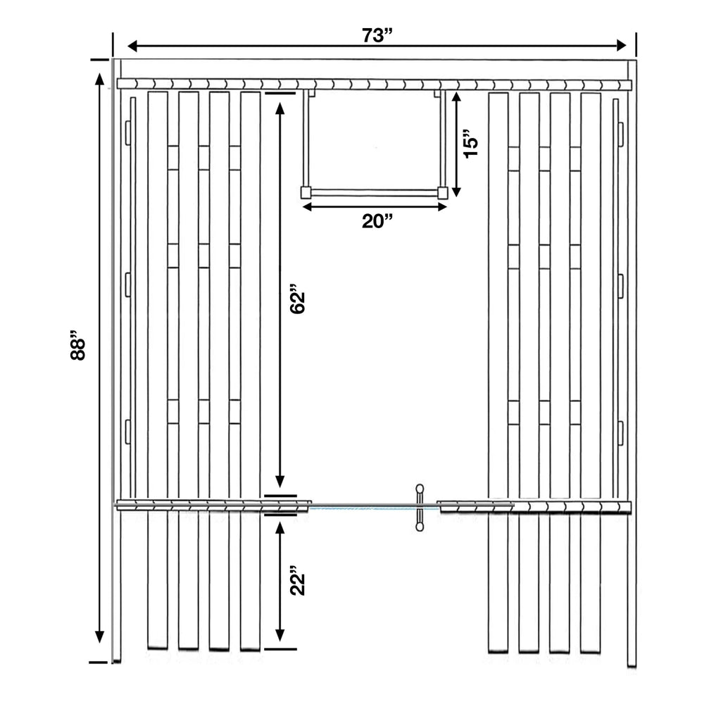 Technical drawing of a rectangular metal gate with dimensions labeled