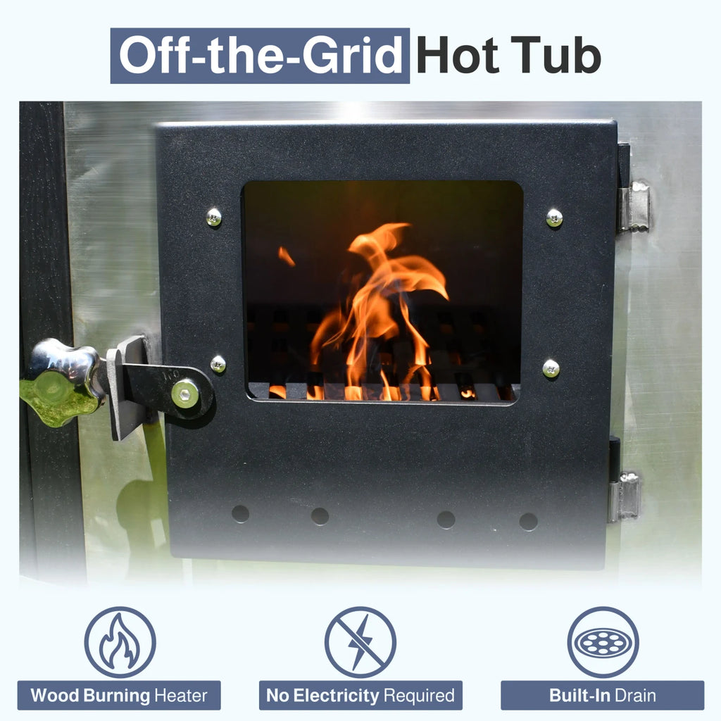 Off-the-Grid Hot Tub with wood burning heater, no electricity required, and built-in drain.