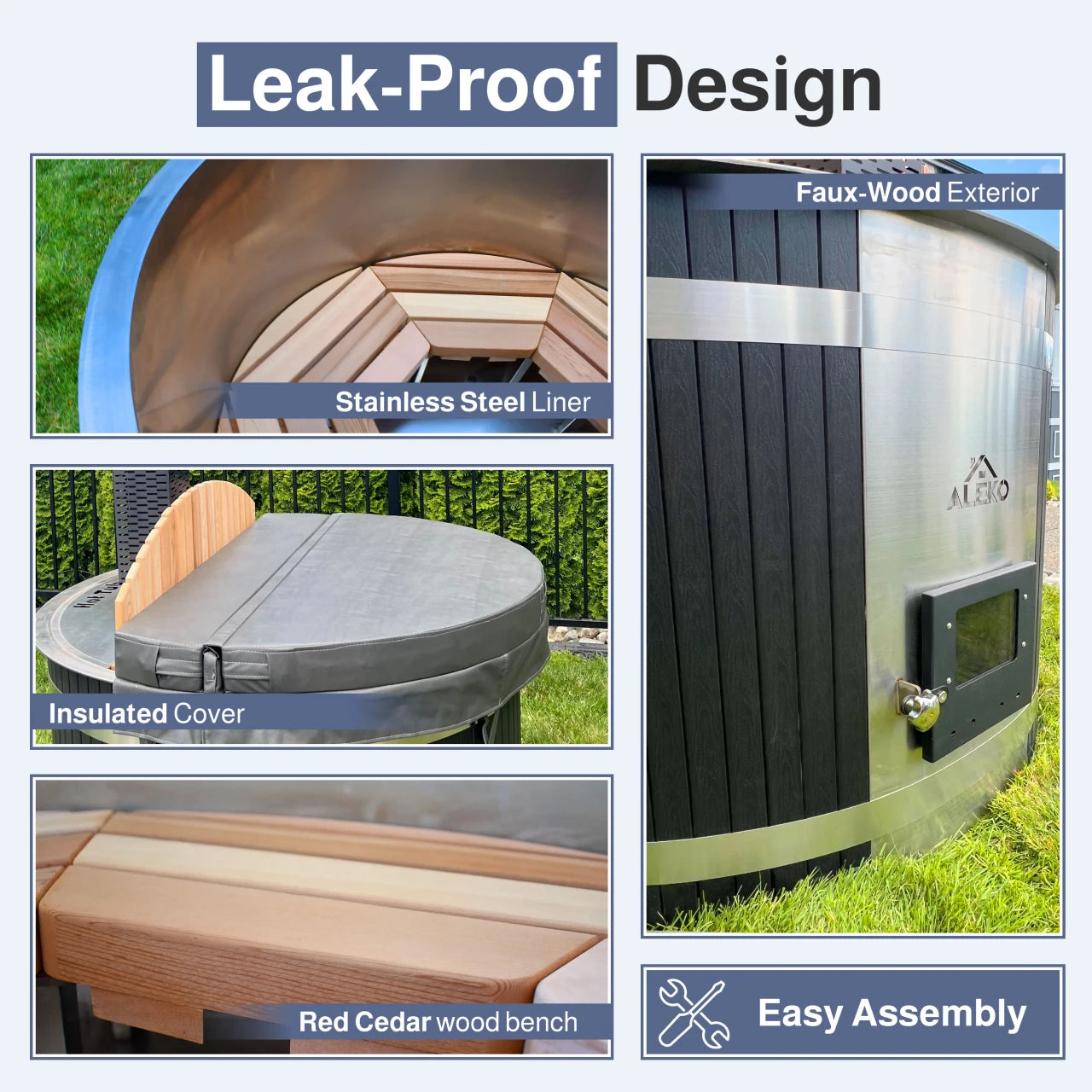 Collage of features including leak-proof design, faux-wood exterior, stainless steel liner, insulated cover, red cedar wood bench, and easy assembly on a product.