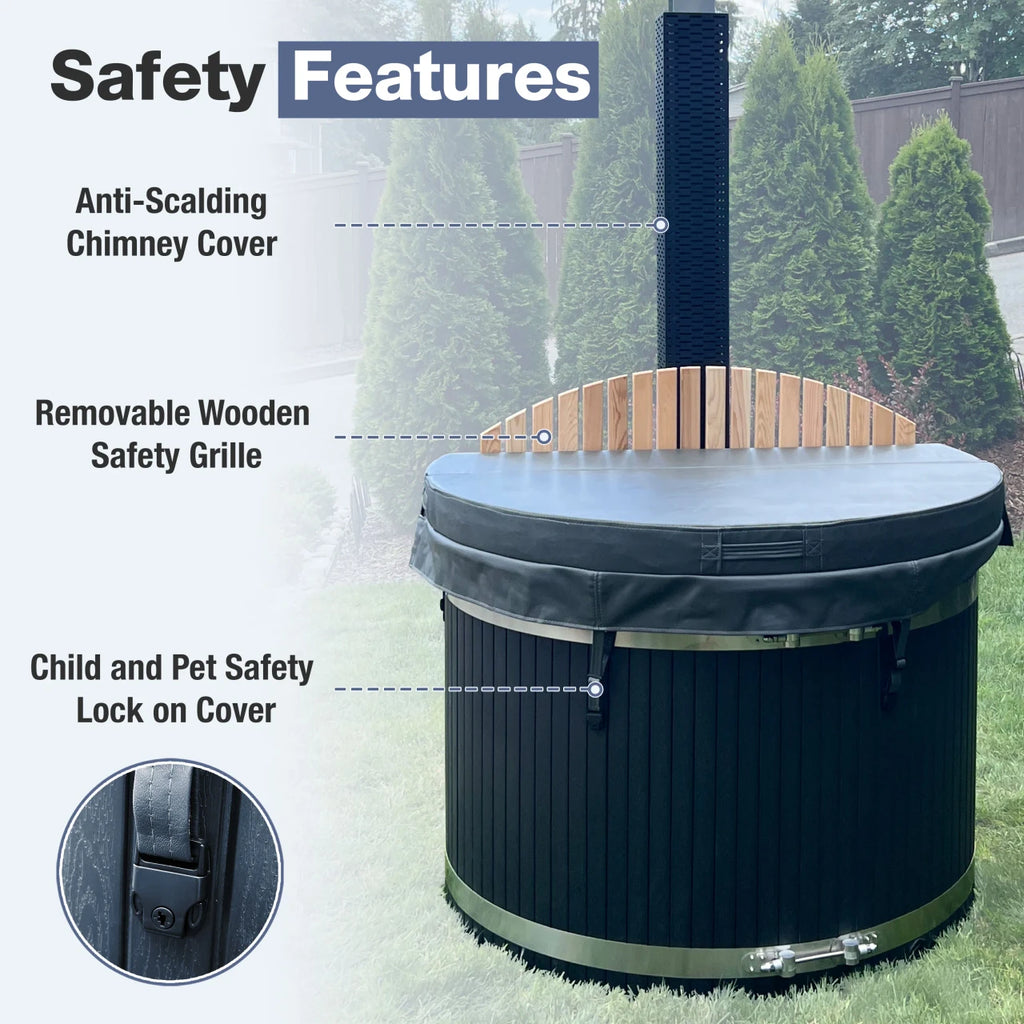 Hot tub with safety features highlighted on a grassy area