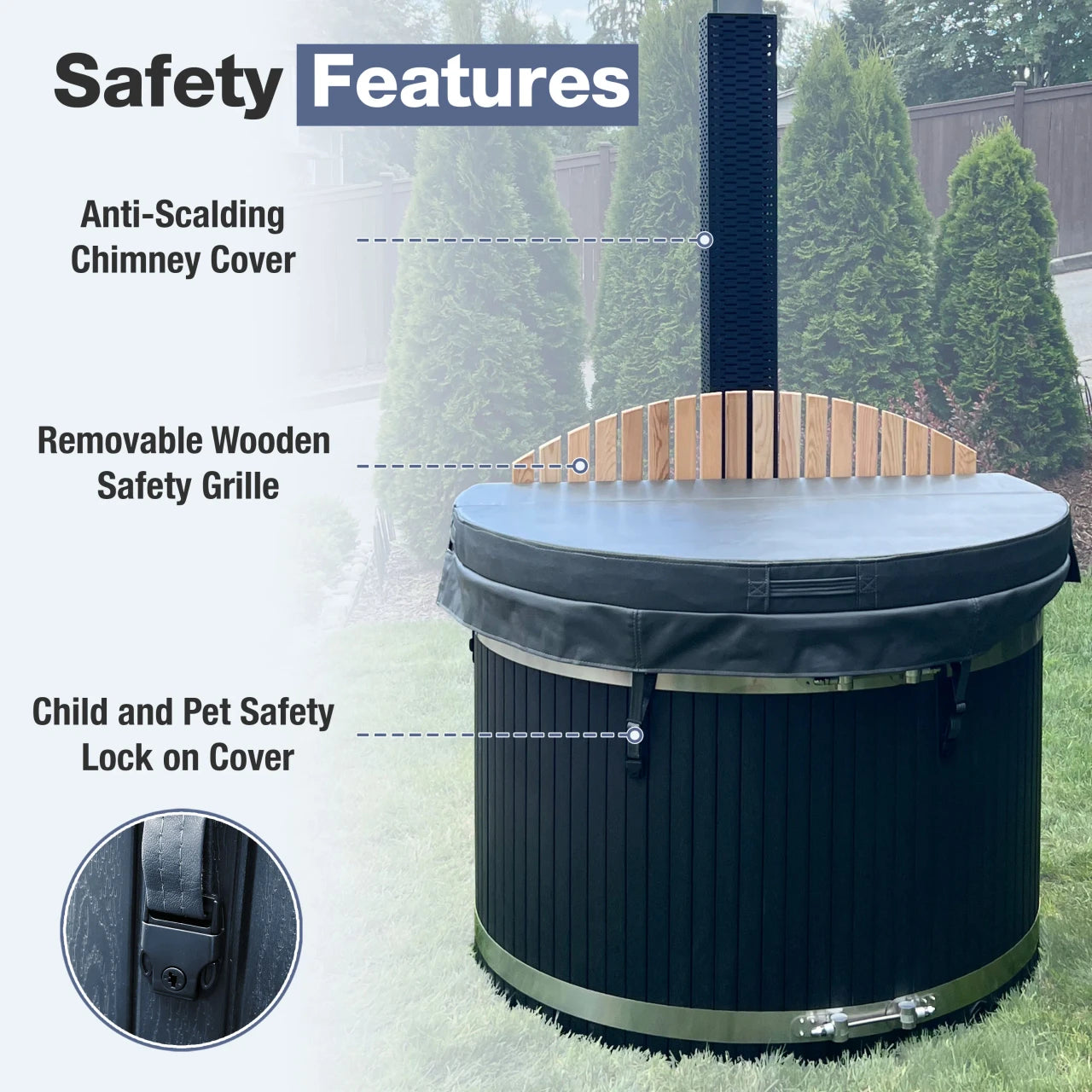 Hot tub with safety features highlighted on a grassy area