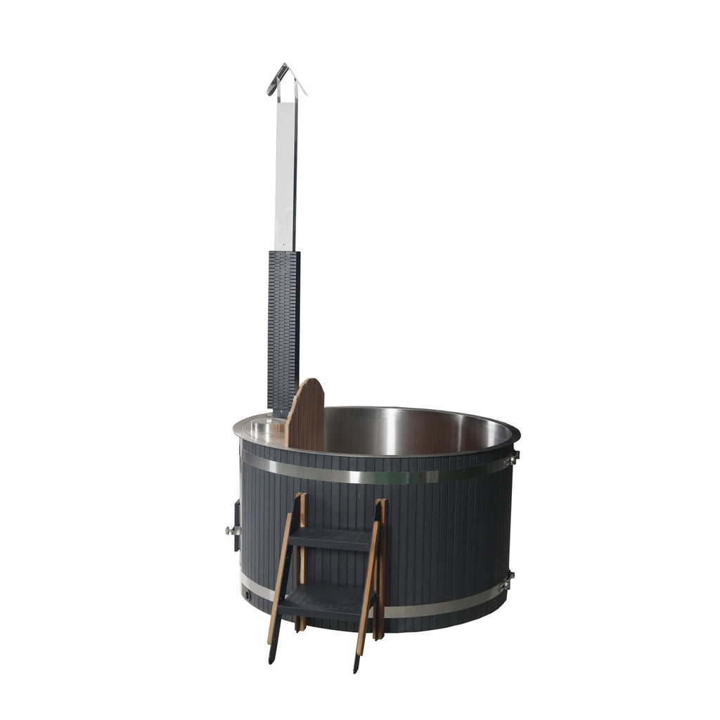 Outdoor hot tub with a chimney on a white background
