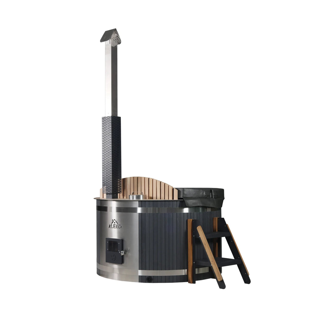 Outdoor hot tub with wooden bench and chimney on a white background