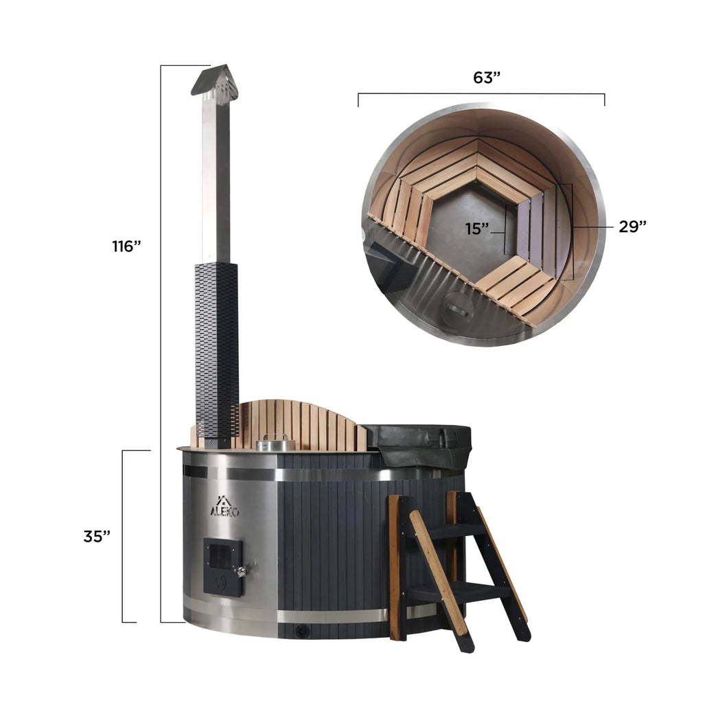 Hot tub with dimensions labeled on a white background