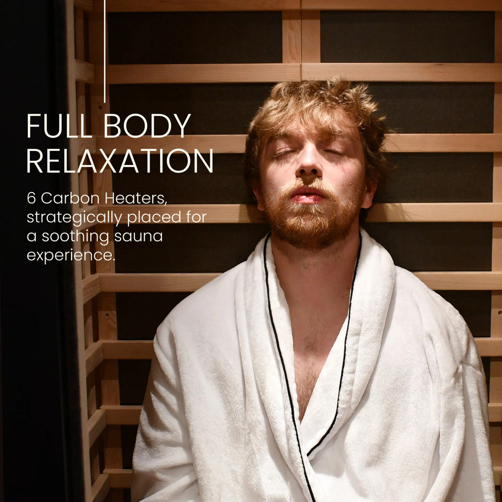 Man in a white robe lying in a sauna with text about full body relaxation and carbon heaters.
