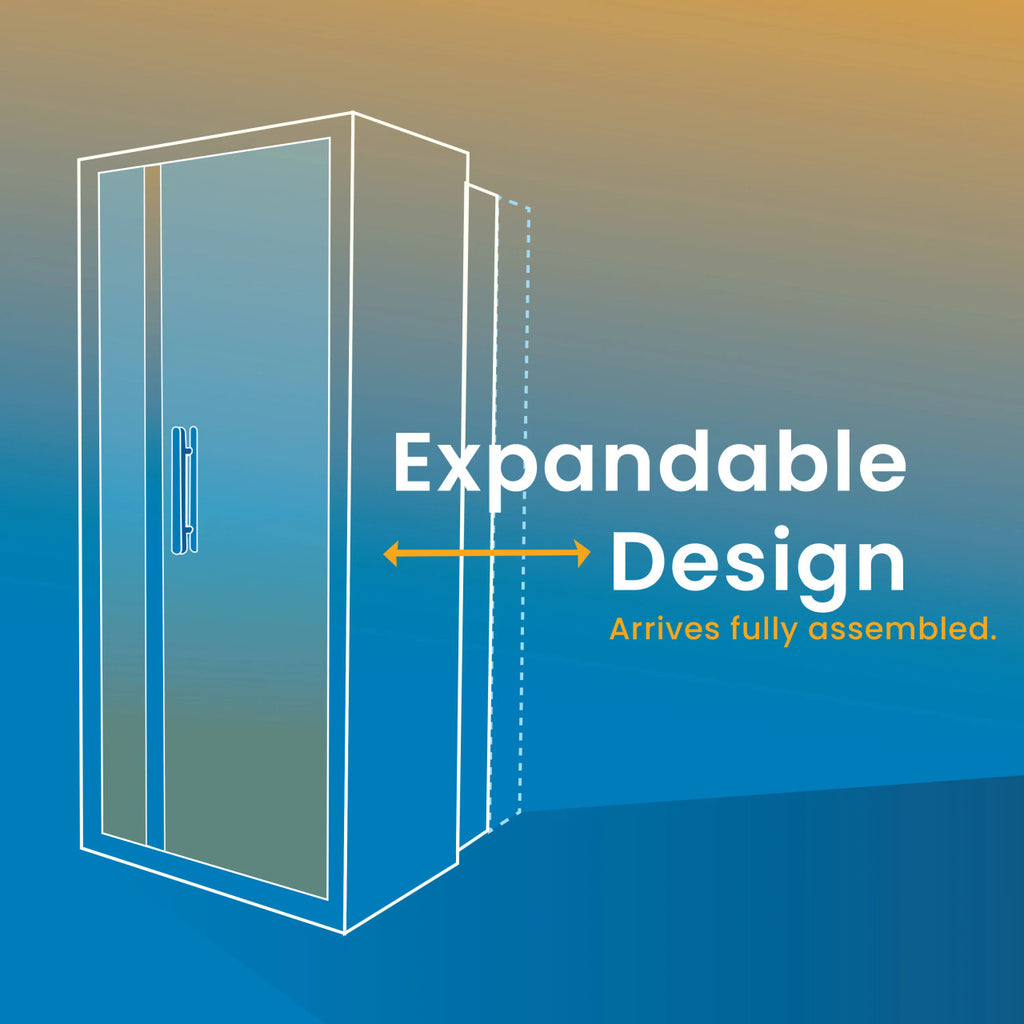 Outline of a cabinet with 'Expandable Design' text on a gradient background