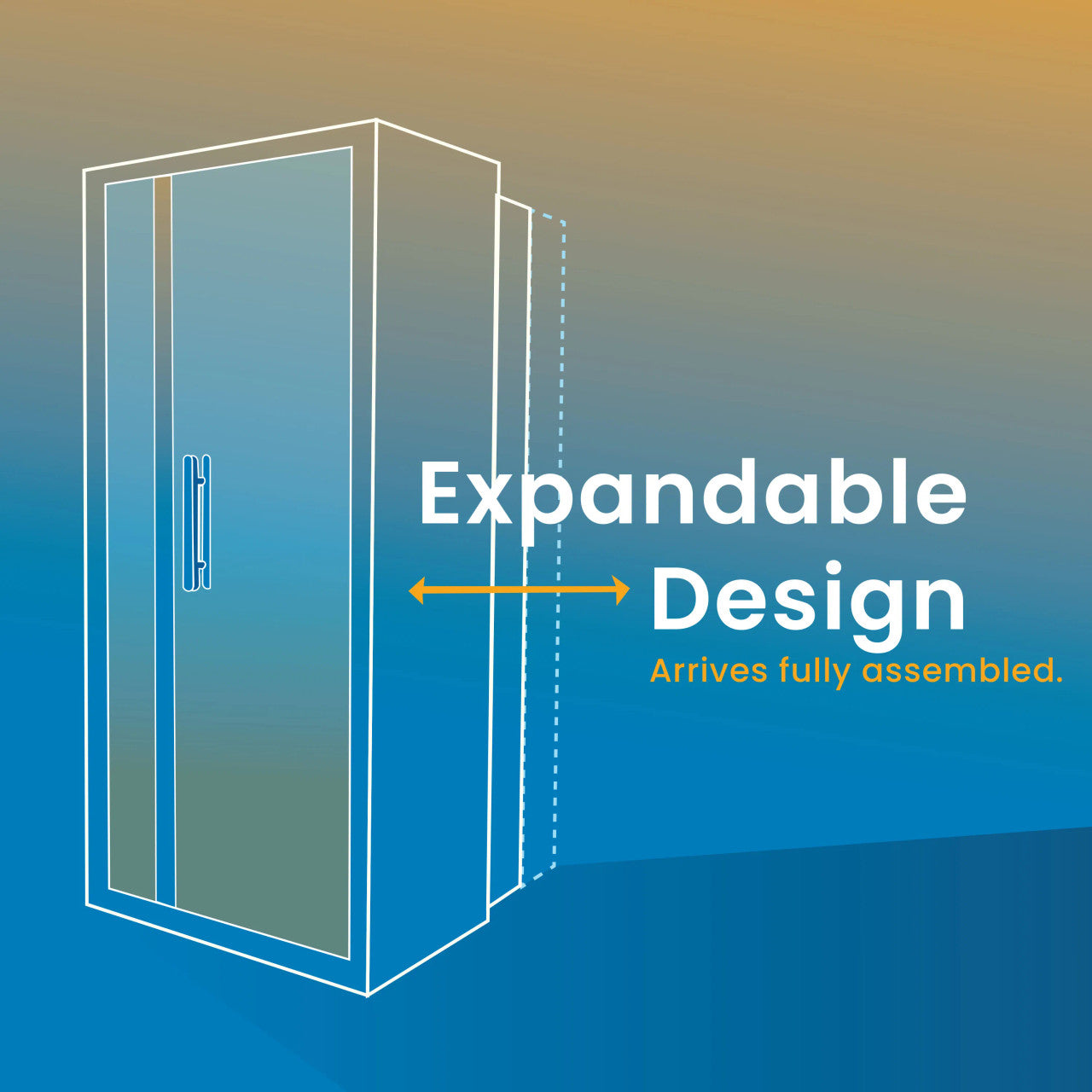 Outline of a cabinet with 'Expandable Design' text on a gradient background