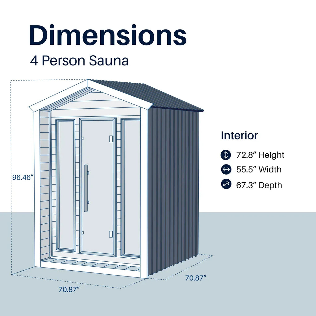 Dimensions of a 4-person sauna with clear glass door and blue exterior.