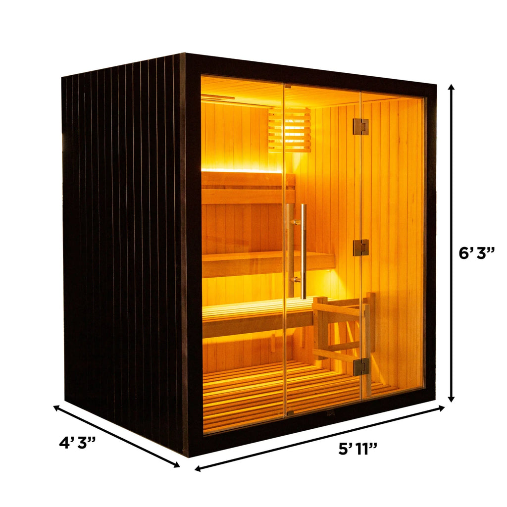 traditional sauna with dimensions labeled on a white background