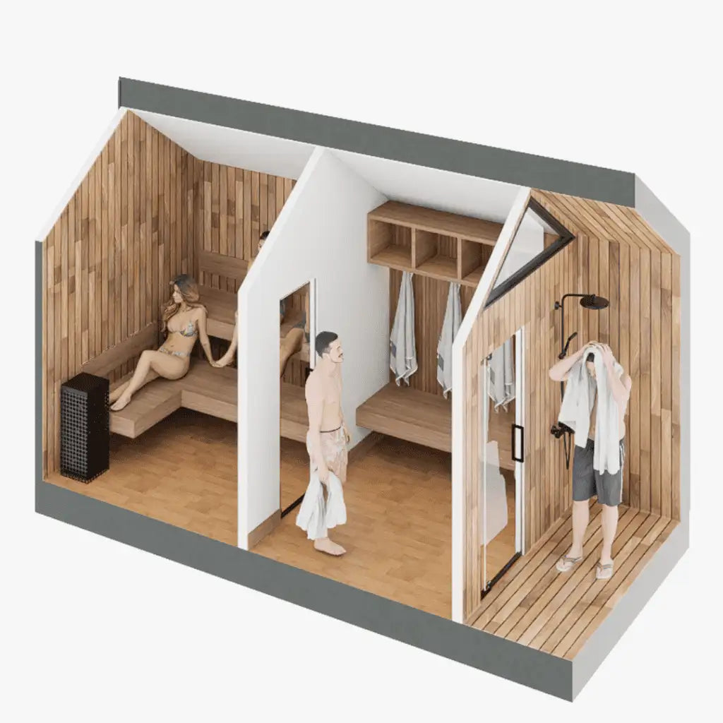 A 3D architectural rendering of a compact wooden sauna cabin with a steam room and shower area, shown in a cutaway view with two people inside demonstrating use.