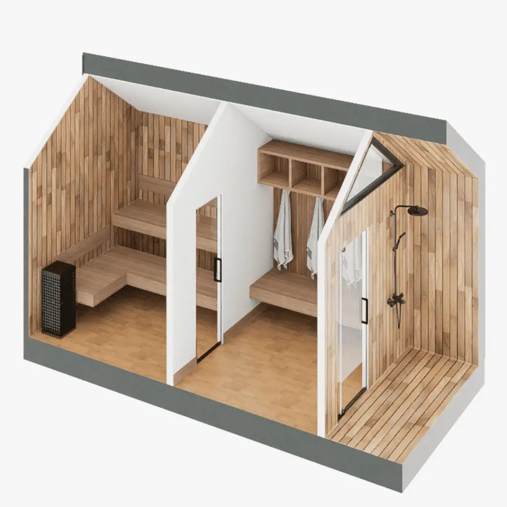 3D isometric rendering of a modern wooden sauna cabin with a built-in shower, sauna room, changing area with hanging towels, and wooden benches, shown on a light gray background.