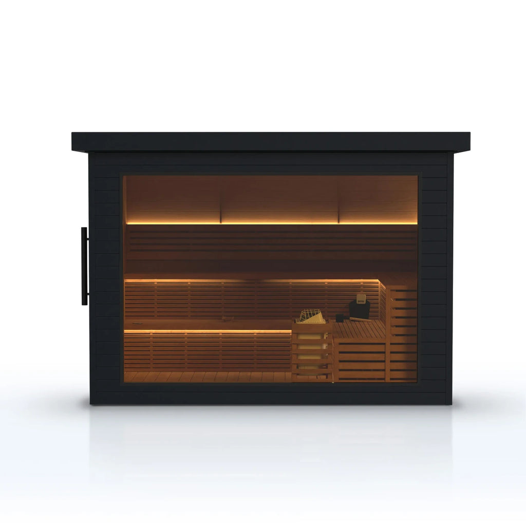 Modern sauna with black exterior and glowing interior on a white background