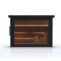 Modern sauna with black exterior and glowing interior on a white background