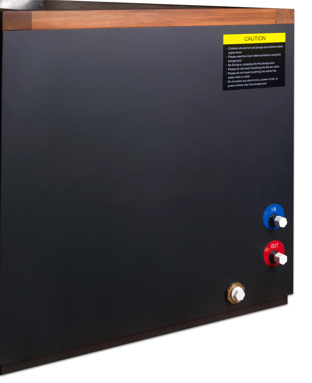 Black appliance with control knobs and a caution label on a white background