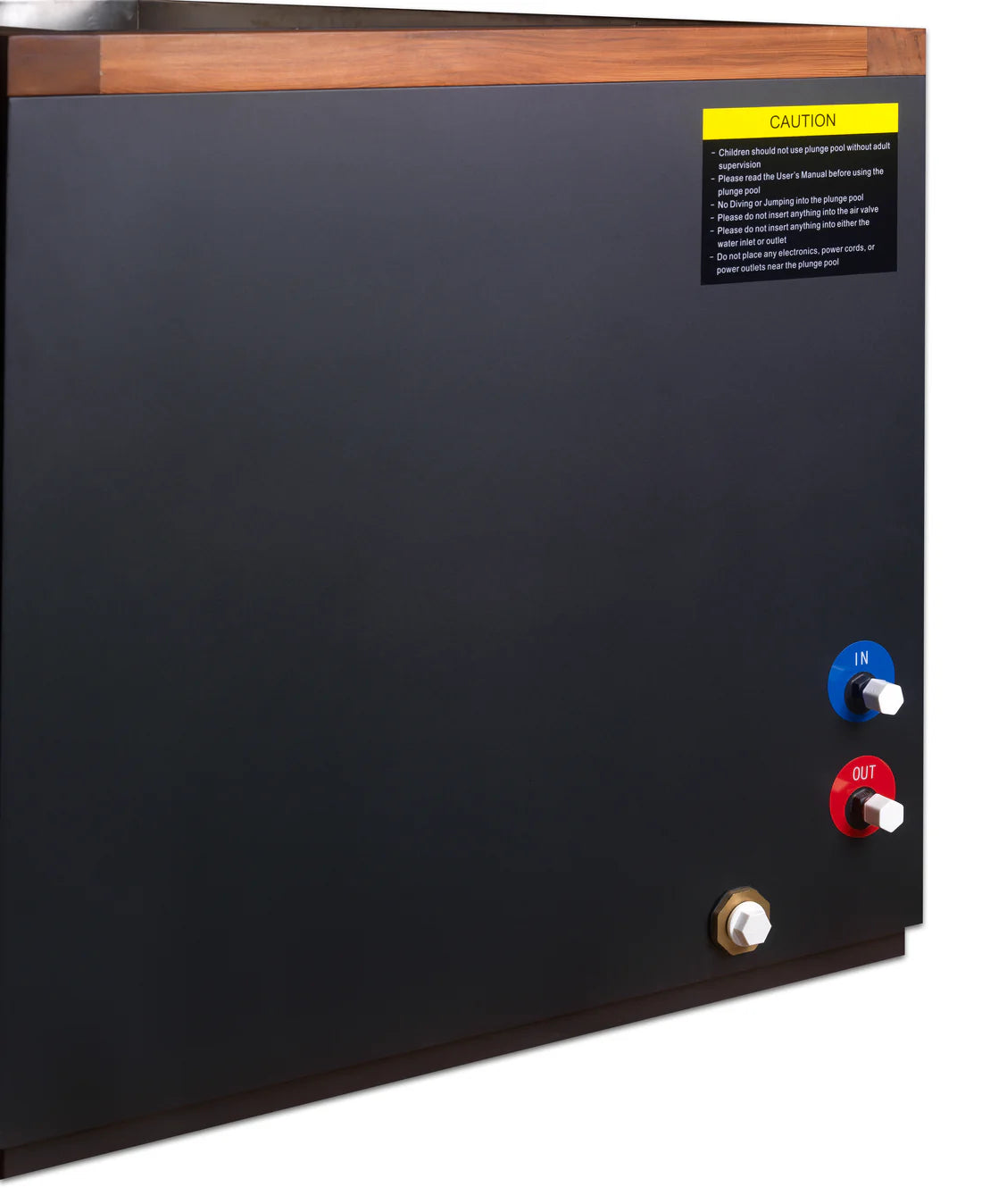 Black appliance with control knobs and a caution label on a white background