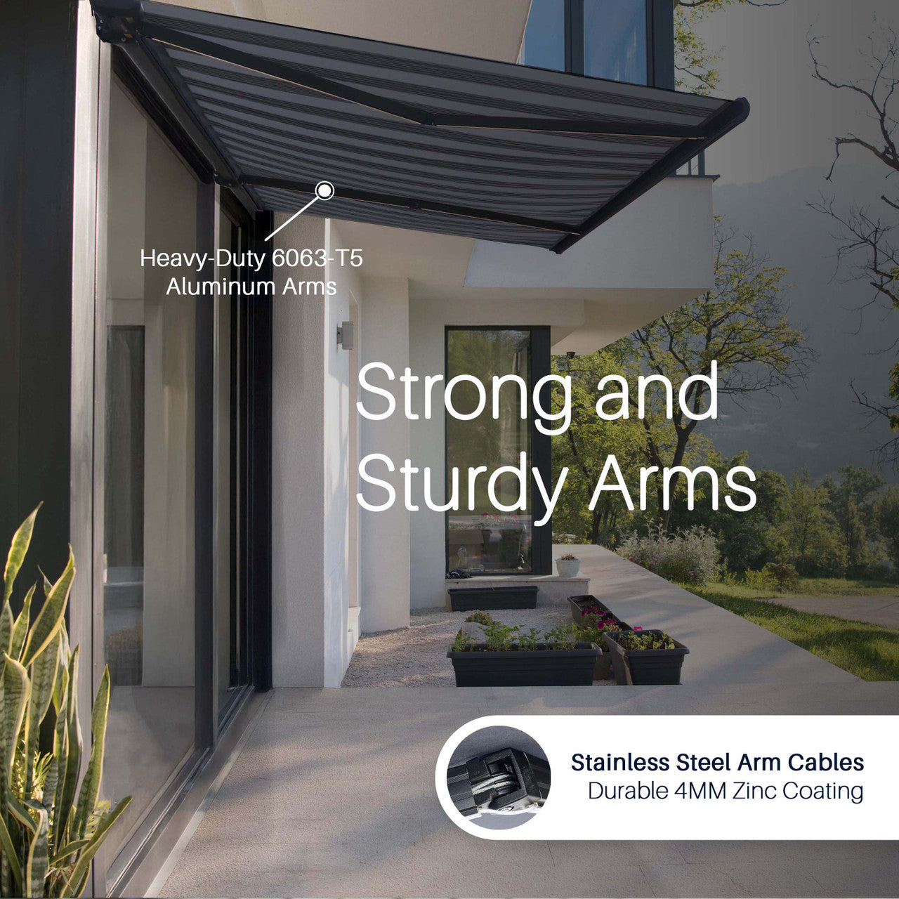 Italian Series 10x8 ft Motorized Patio Awning — Black Gray Stripe
