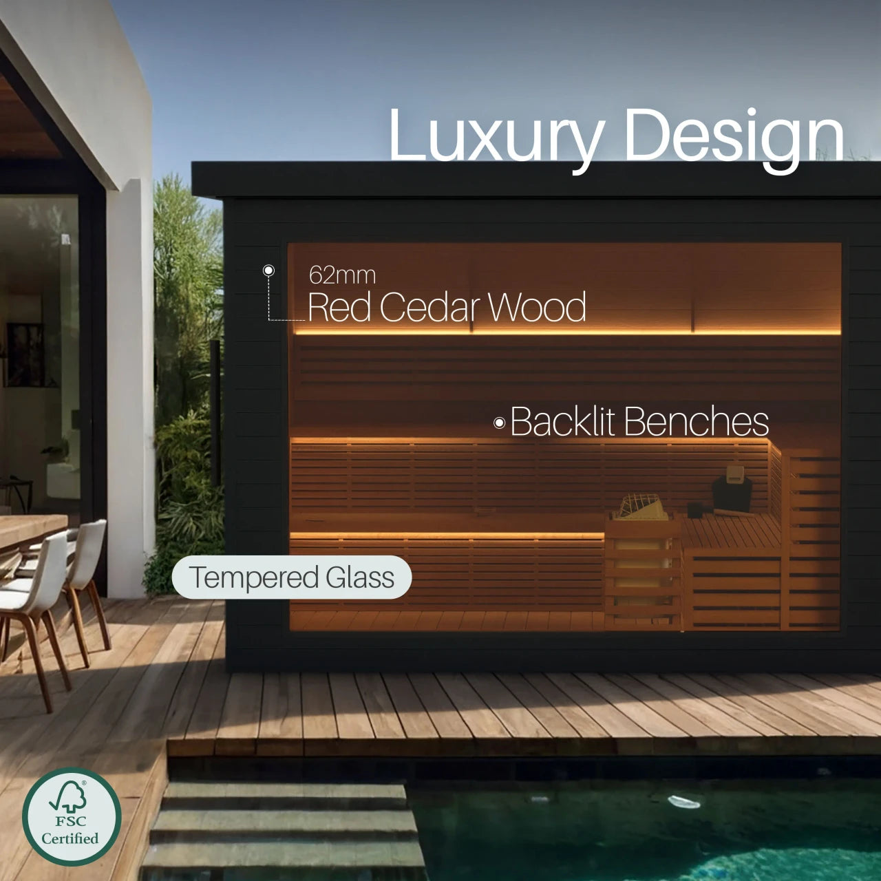 Luxury outdoor furniture with red cedar wood backlit benches and tempered glass, set against a modern home exterior.