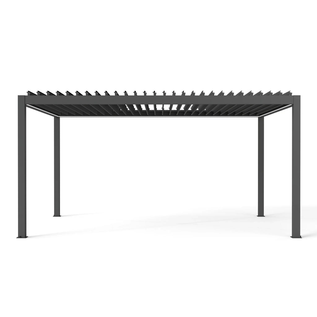 A modern dark gray metal pergola with a slatted roof and four support posts, shown from a front-facing perspective on a white background.