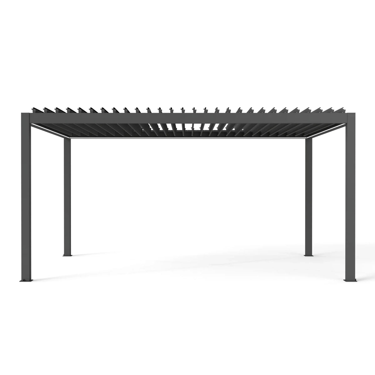 A modern dark gray metal pergola with a slatted roof and four support posts, shown from a front-facing perspective on a white background.