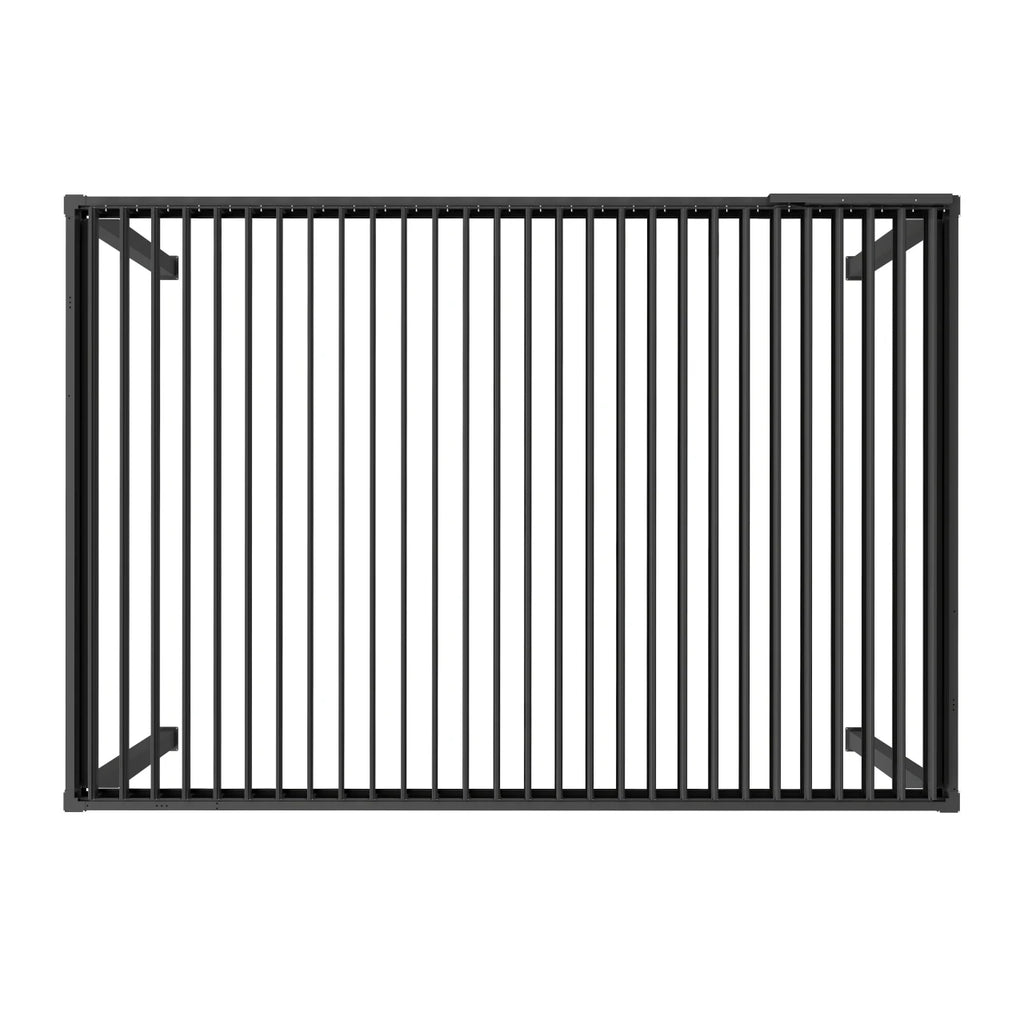 A black metal grill grate with vertical bars and side brackets, shown from a top-down perspective on a solid white background.