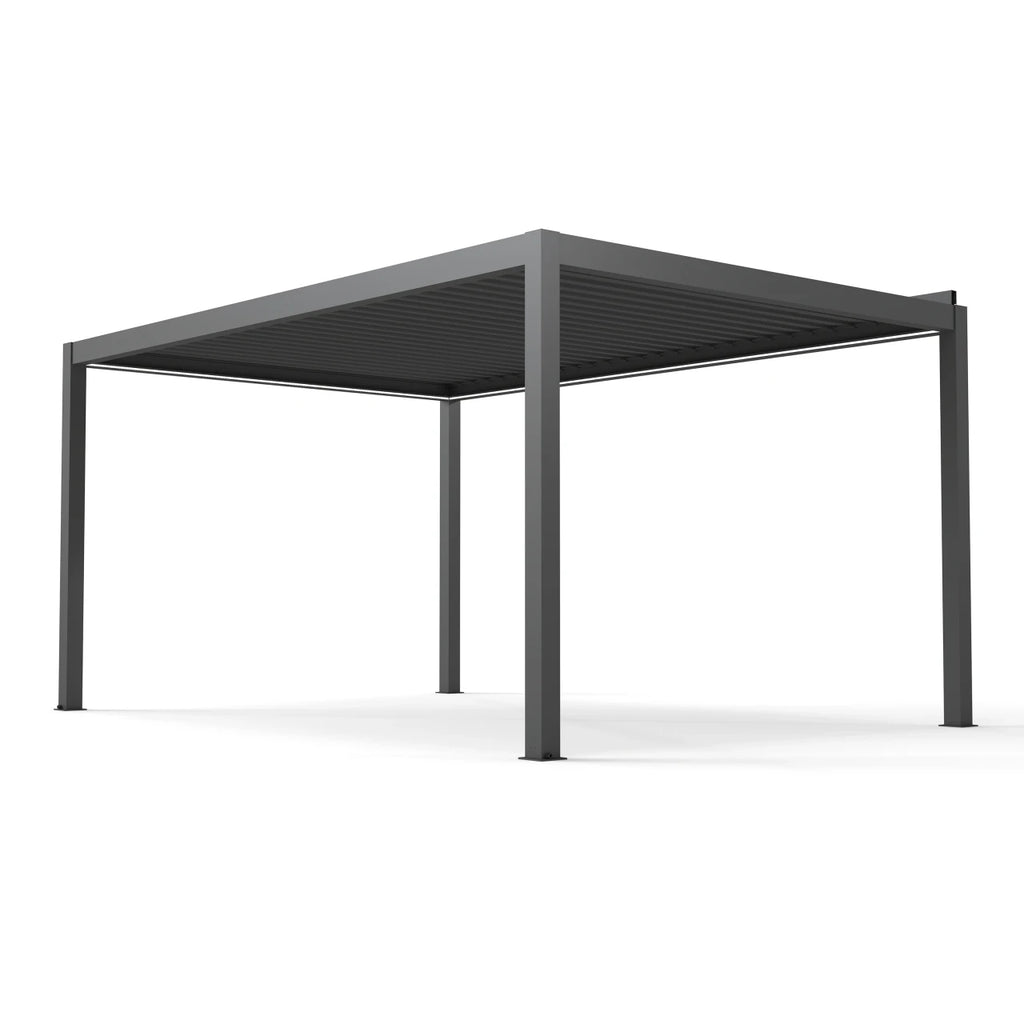 A modern rectangular patio pergola with a dark gray slatted roof and matching gray metal support posts, shown on a clean white background.