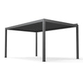 A modern rectangular patio pergola with a dark gray slatted roof and matching gray metal support posts, shown on a clean white background.