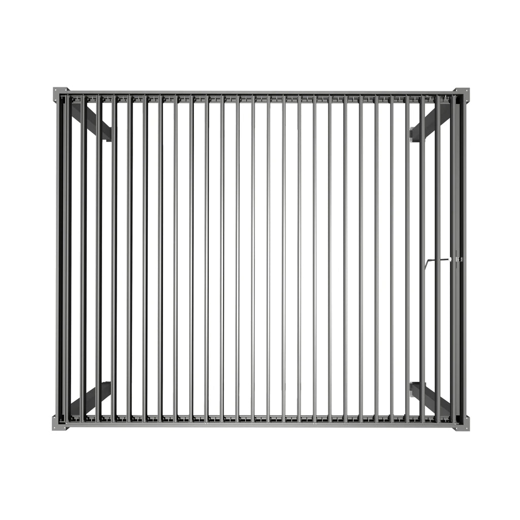 A dark gray metal grill grate with a slatted design and mounting brackets on a solid white background.