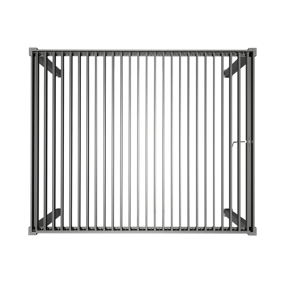 A dark gray metal grill grate with a slatted design and mounting brackets on a solid white background.