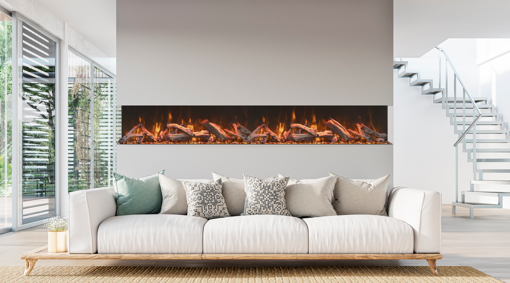 Modern living room with a white sofa and electric fireplace.