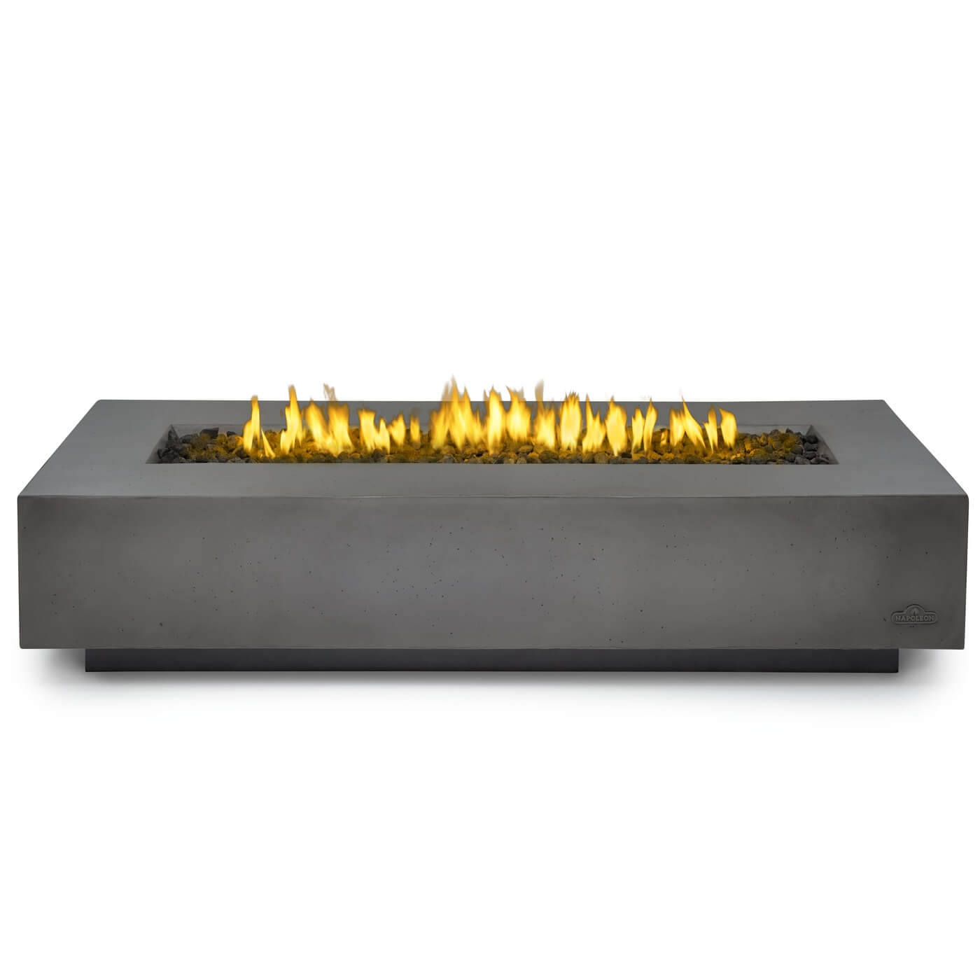 Modern concrete fire pit with flames on a white background