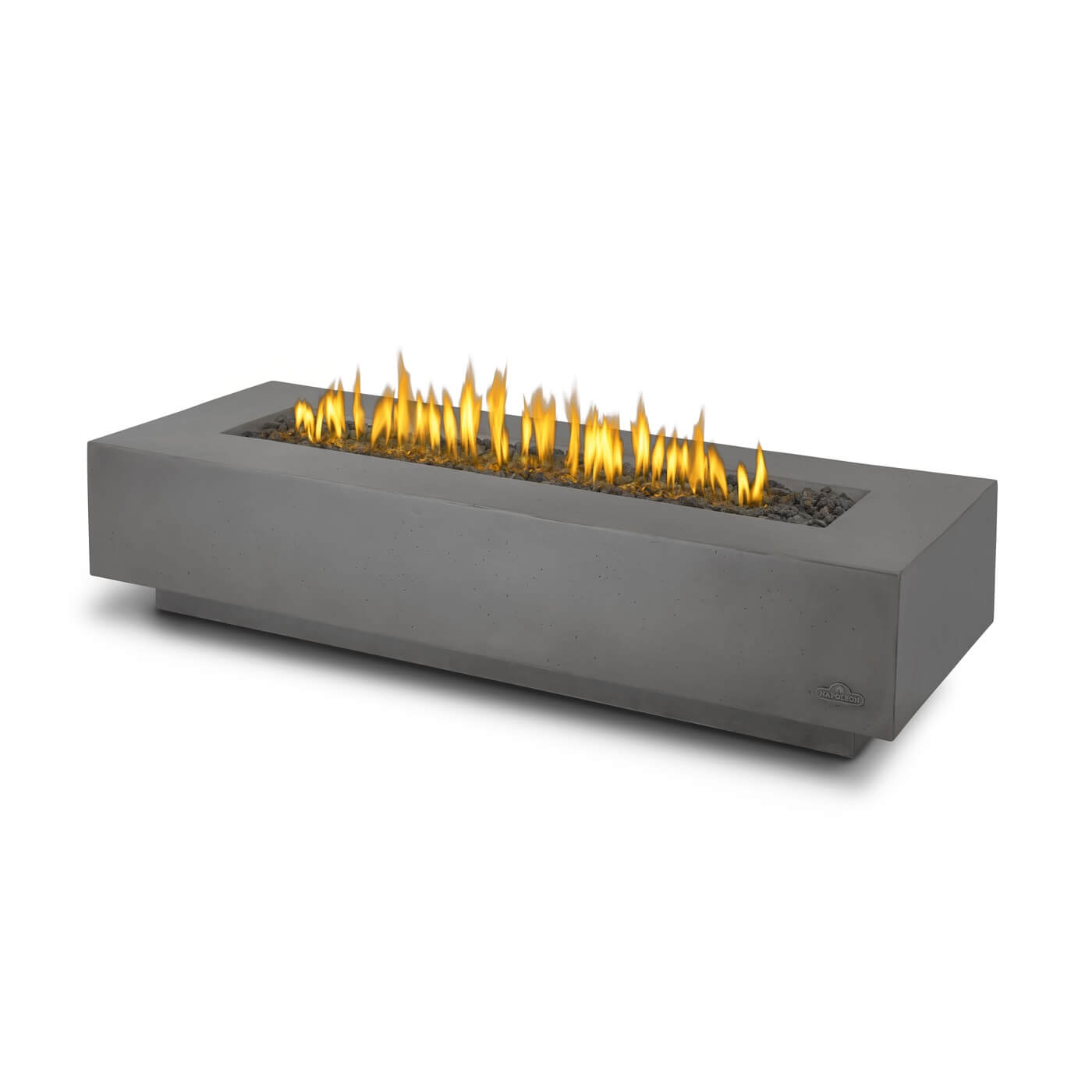 Rectangular concrete fire pit with flames on a white background
