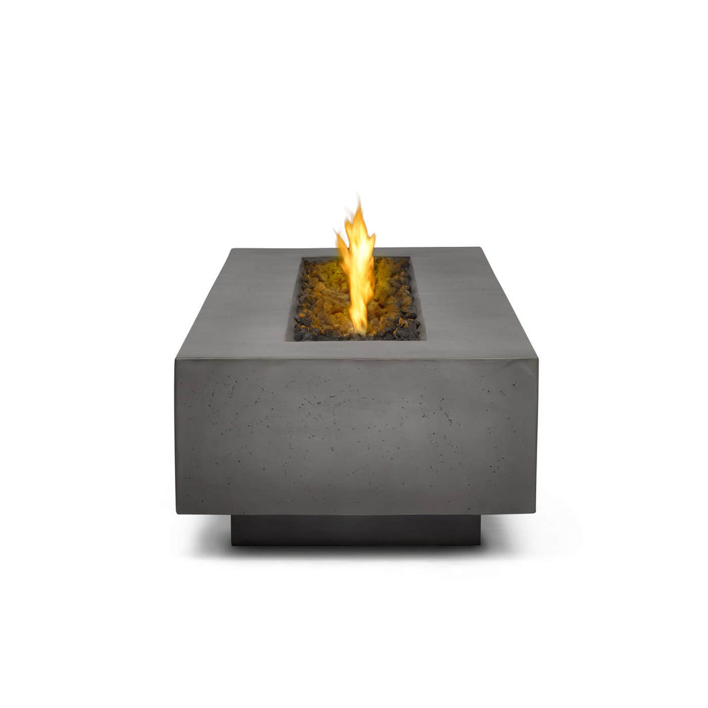 Concrete fire pit table with flames on a white background