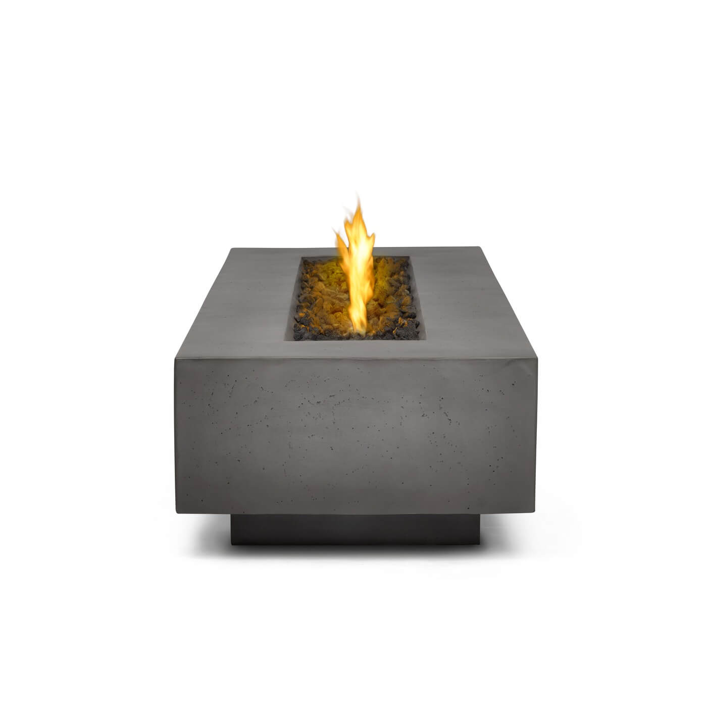 Concrete fire pit table with flames on a white background