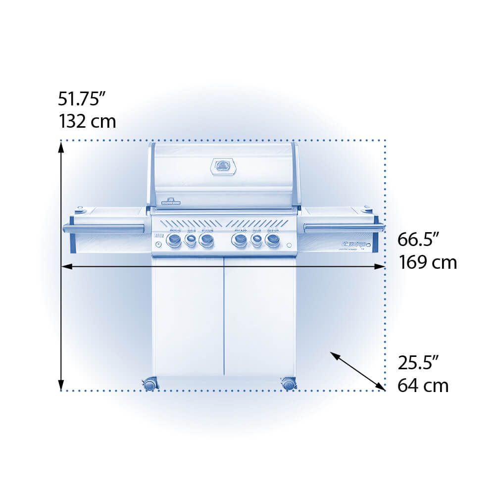 Measurement chart of a barbecue grill with dimensions labeled.