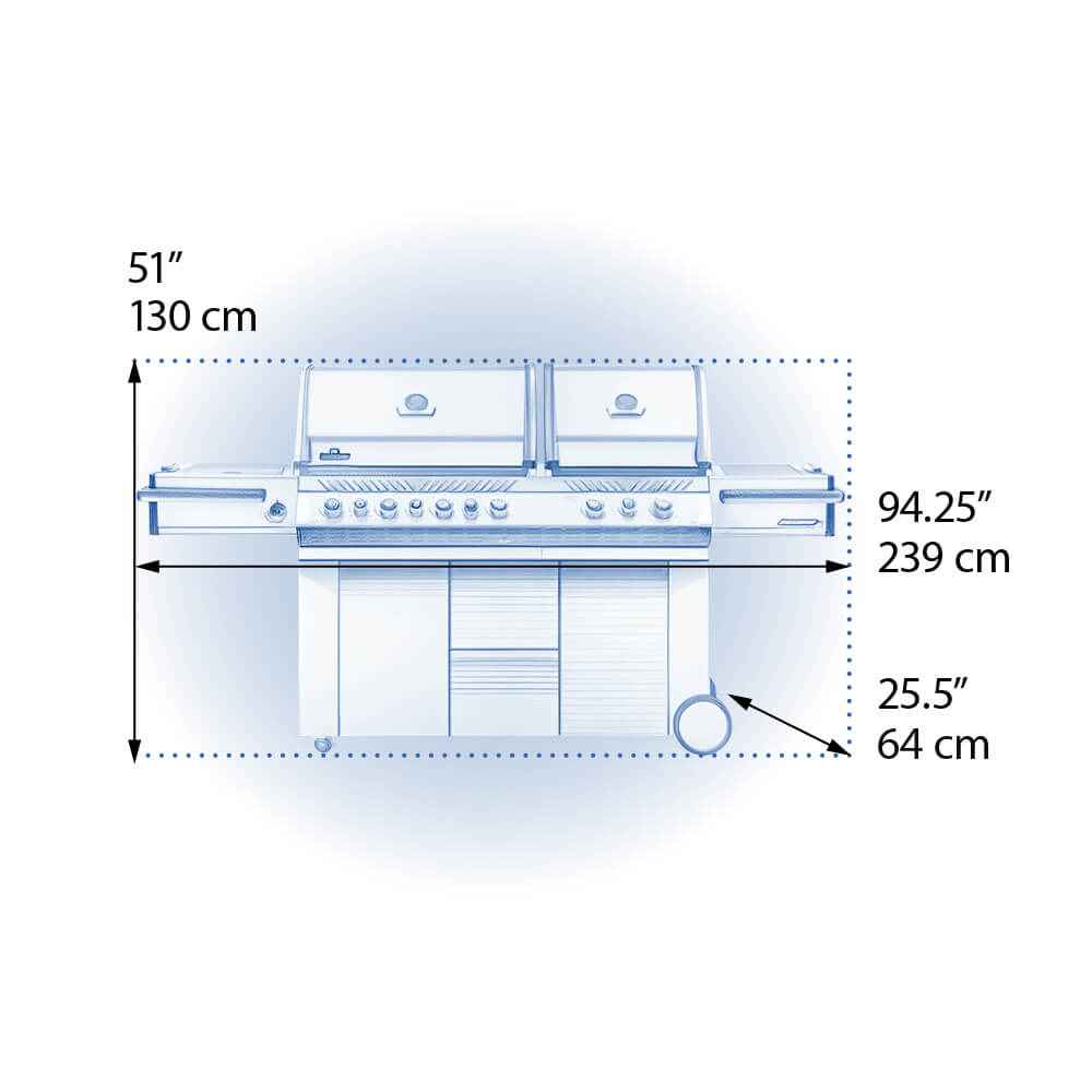 Measurement chart of a barbecue grill with dimensions labeled
