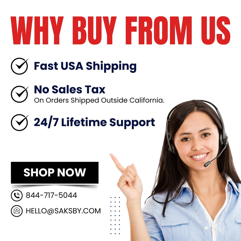 Promotional graphic with a customer service representative pointing to 'Shop Now' button, highlighting fast shipping, no sales tax, and 24/7 support.
