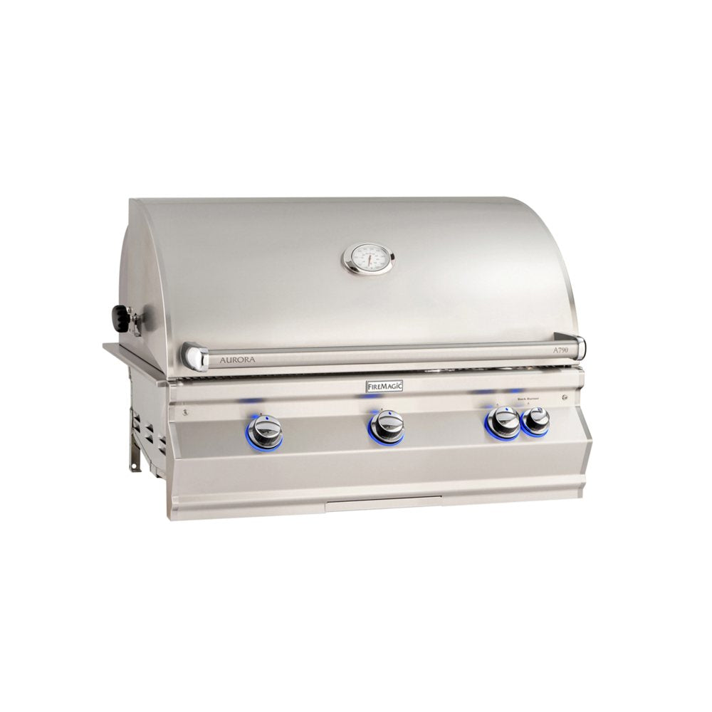 A stainless steel built-in gas grill with a curved lid, a temperature gauge, and three control knobs with blue accents, shown against a plain white background.