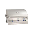 A stainless steel built-in gas grill with a curved lid, a temperature gauge, and three control knobs with blue accents, shown against a plain white background.