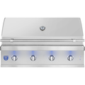 Stainless steel grill with blue LED lights on a white background