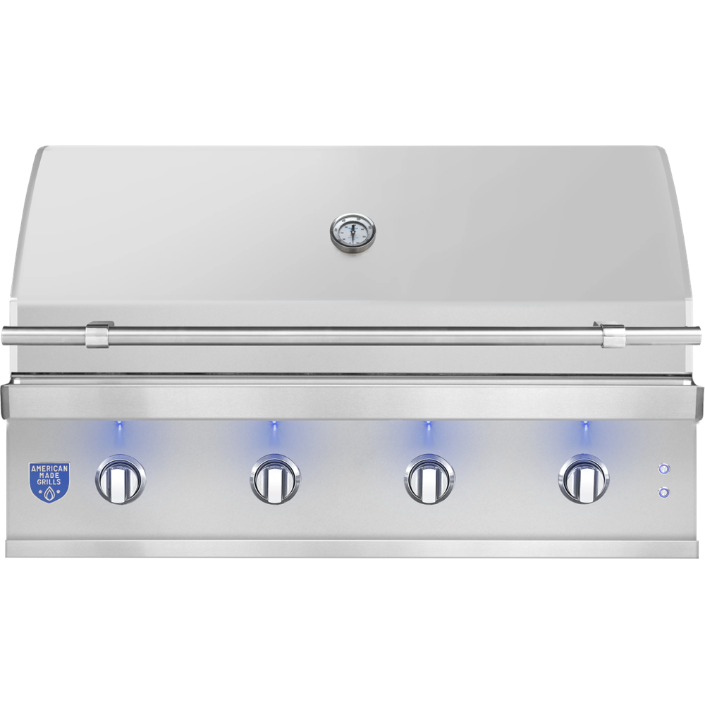 Stainless steel grill with blue LED lights on a white background