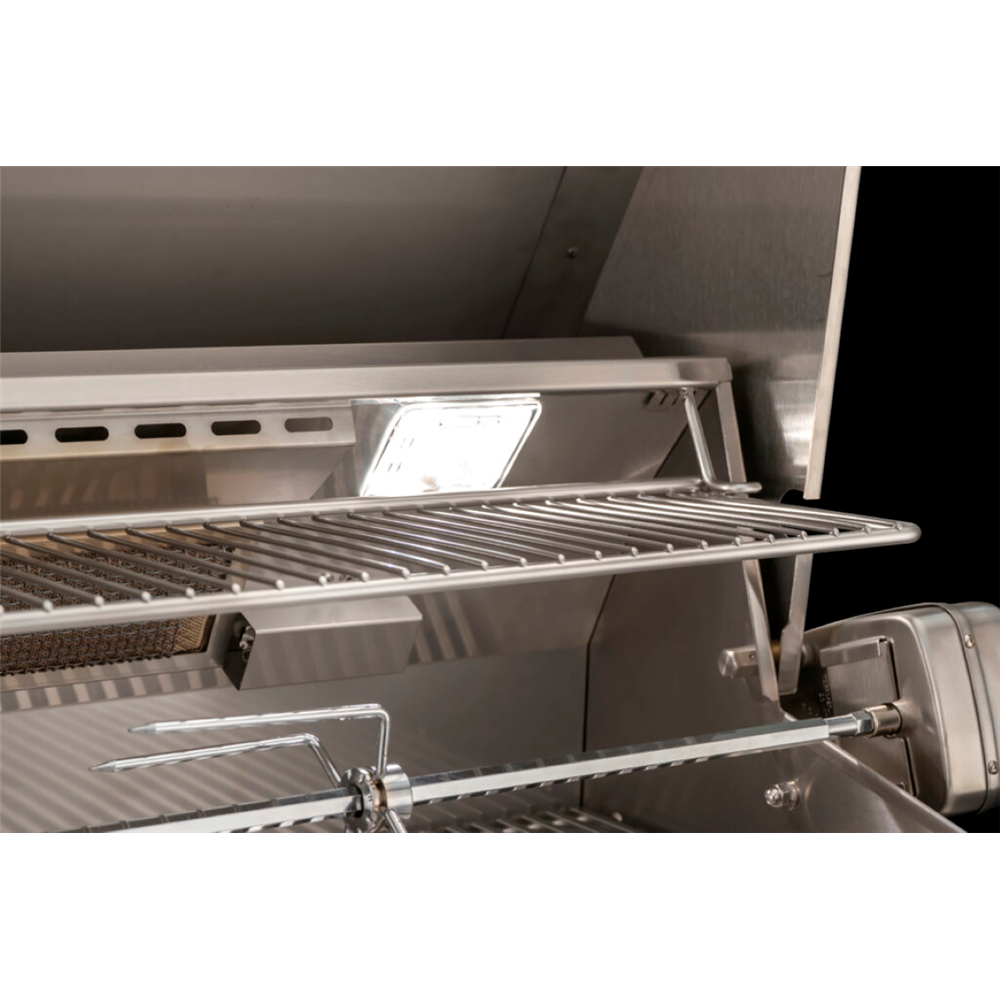 Close-up of a stainless steel grill with open lid and visible grates.